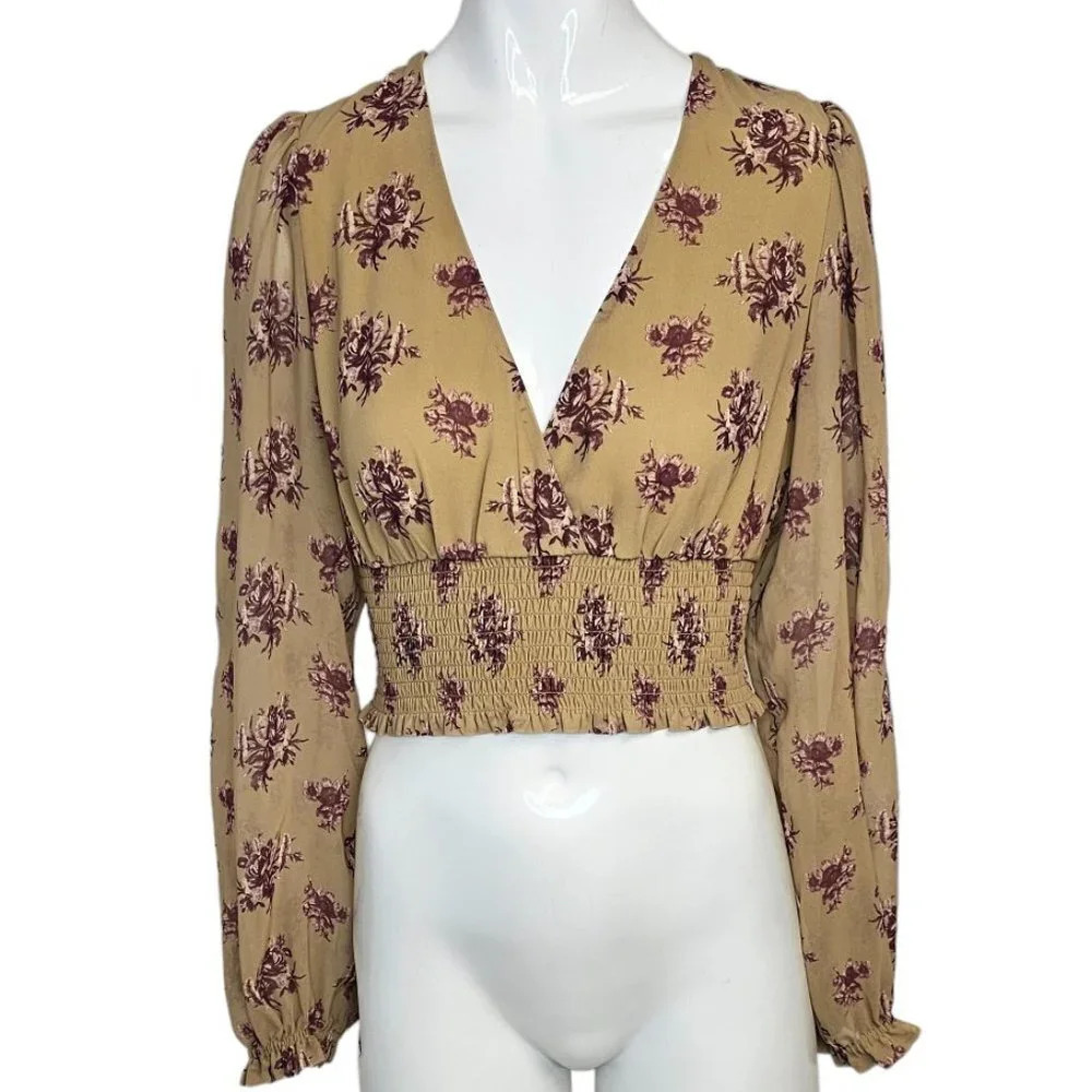 Aritzia Wilfred Wistful Blouse  Smocked V-Neck Sheer Sleeves Size XS